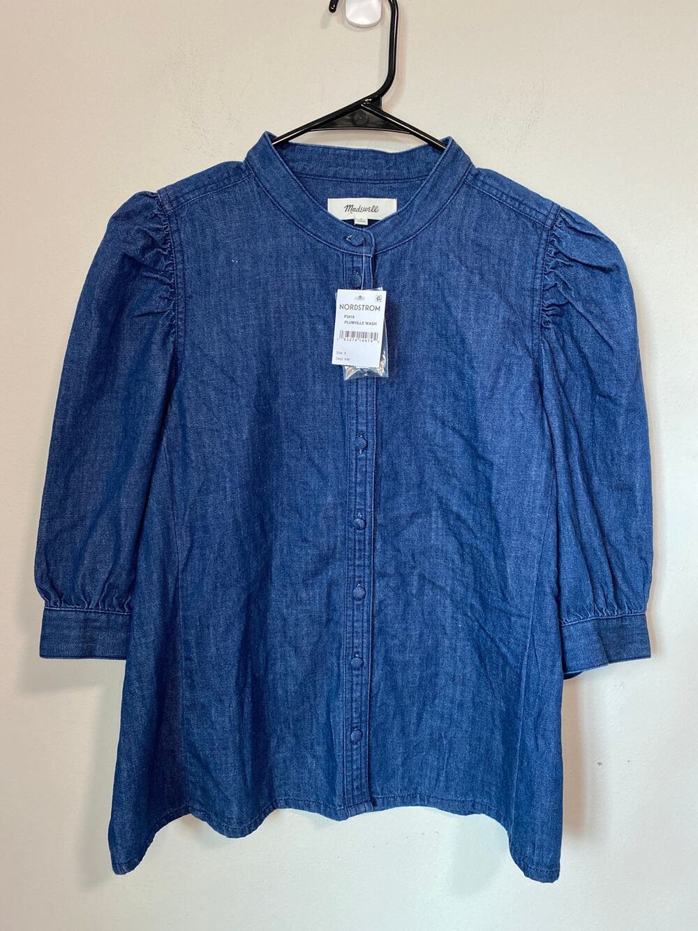 New Madewell Denim Puff Sleeve Band Collar Shirt Coastal Blue Size 8